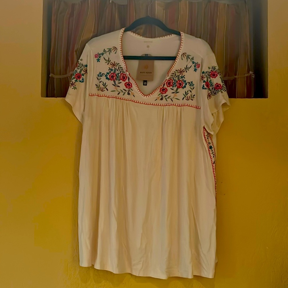 Ruff Hewn short sleeve, cream colored shirt with red floral embroidery